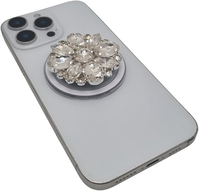 Magnetic Phone Grip Stand, Compatible with MagSafe, Adhesive Metal Ring Included for Non-MagSafe Cases, Expanding Holder and Kickstand, Pearl and Crystal Design (Vintage Crystal Brooch)