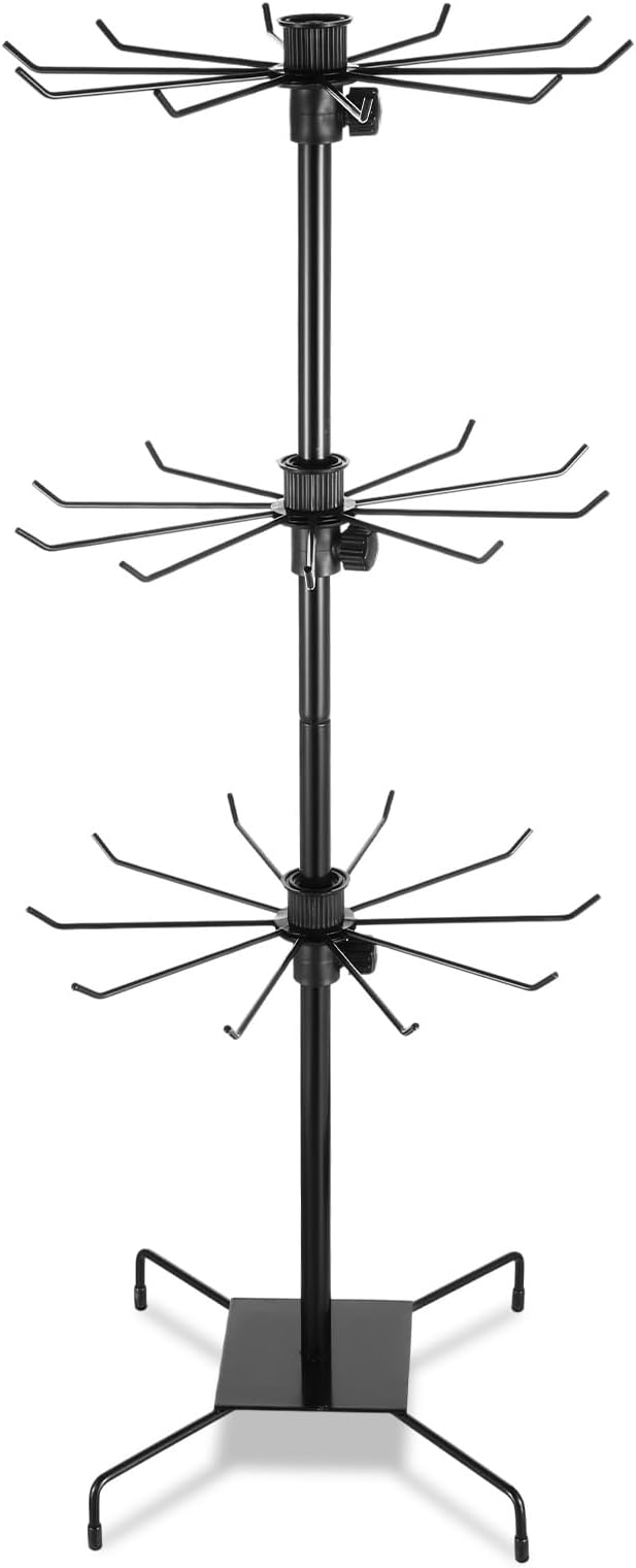 3 Tier 28.3 x 11.8 Inch Rotating Display Stand, Earring Display Rack, Black Metal Retail Display Stand with Hooks for Necklace, Bracelet, Earrings, and Keychains, Adjustable Height