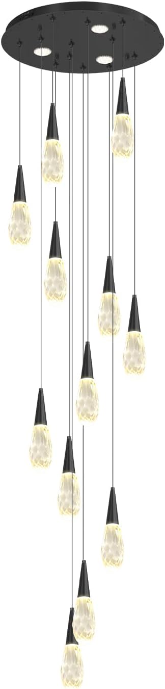 H118 Chandeliers for High Ceiling Black Modern Crystal Pendant Light 12-Lights Crystal Raindrop Chandelier for Living Room Staircase Villa