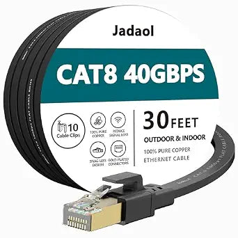 Jadaol Cat8 Ethernet Cable 30ft 40Gbps 2000MHz Flat S/FTP LAN Cable Black