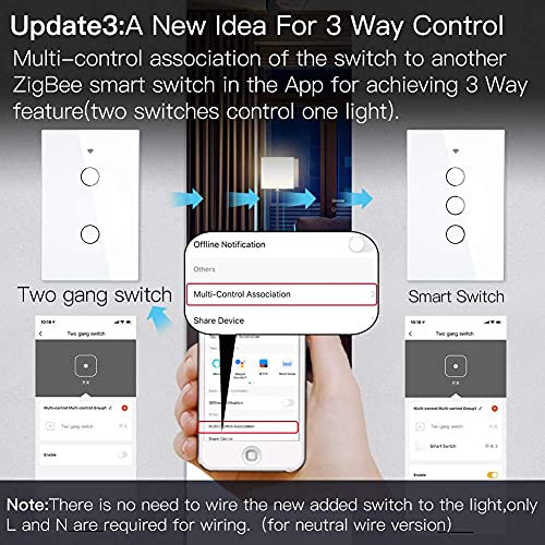 MOES ZigBee Smart Touch Wall Light Switch,Requires Tuya ZigBee Hub,No Neutral Wire/N+L Wiring,No Capacitor,Smart Life Tuya 2/3 Way Remote Control, Work with Alexa Google Home, 2MQTT,2 Gang White