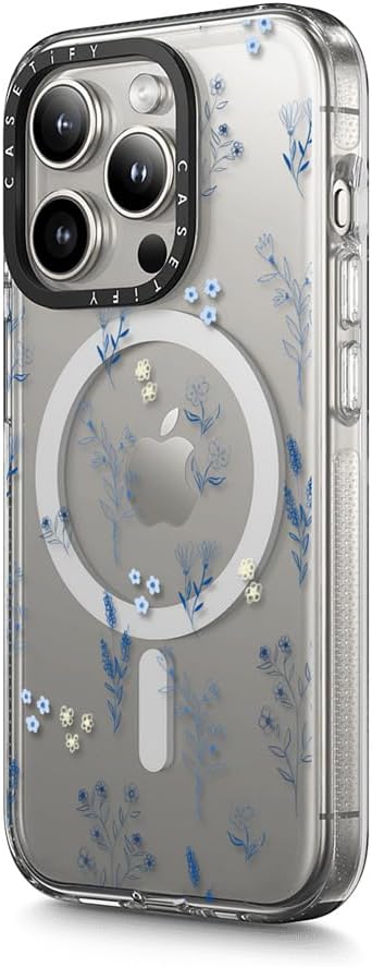 CASETiFY Clear iPhone 15 Pro Max Case [Not Yellowing / 6.6 ft. 3X Military Grade Drop Protection/Magsafe] - Small Blue Flowers - Clear