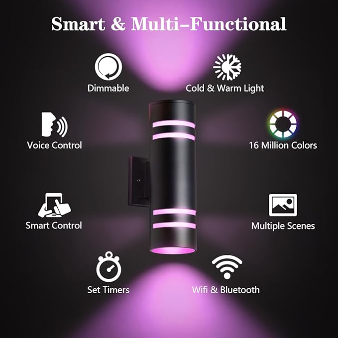 KIZON Modern RGBCW Outdoor Sconce Color Changing, Dimmable Porch Light, Black, 4x4x12 inches, App Control with Remote, Compatible with Alexa Google Assistant, ETL Listed