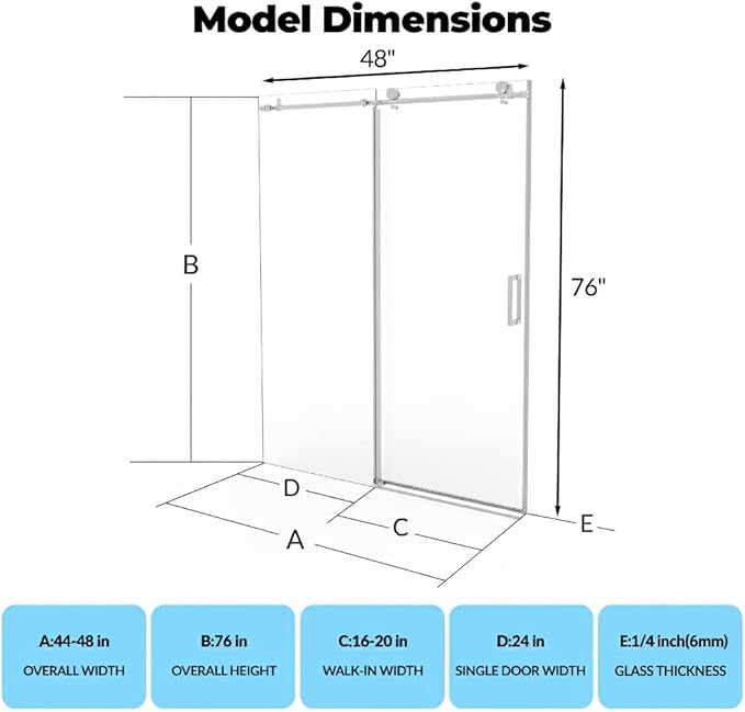 Sliding Shower Door 44–48 inch W× 76 inch H, Frameless Glass Shower Door with Round Stainless Steel Rail and 55mm Rollers, 6mm Tempered Glass, Space-Saving Shower Doors for Small Bathrooms