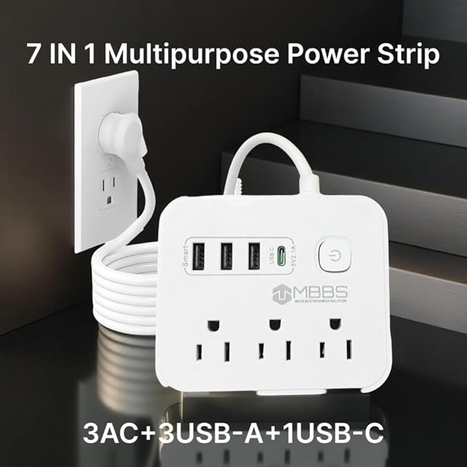 17 ft Surge Protector Power Strip with USB C, 1200J Protection, Heavy Duty Extension Cord – (7-in-1) 3 AC Outlets, 4 USB Ports, LED On/Off Switch – Compact & Travel Friendly – Home, Office. (White)