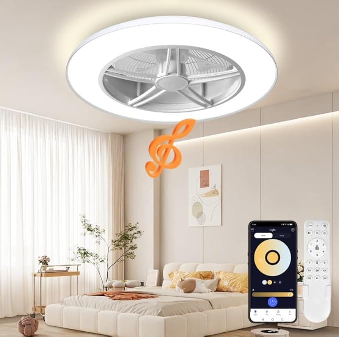 BAYSQUIRREL Low Profile Ceiling Fan with Light and Remote/APP Control,Bluetooth Bladeless Ceiling Fan with Speaker,6 Speeds Reversible 3 Color LED Dimmable Flush Mount Ceiling Fans for Bedroom