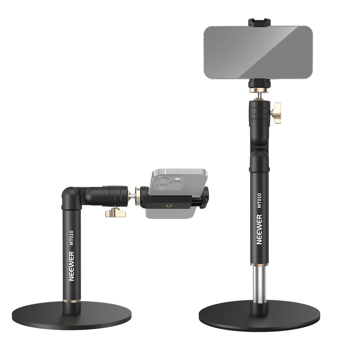 NEEWER Cell Phone Stand for Desk, Adjustable Office Table Phone Holder Mount Compatible with iPhone Samsung for Video Recording Filming, 360° Ball Head, Foldable Arm, Weighted Metal Base, MT010