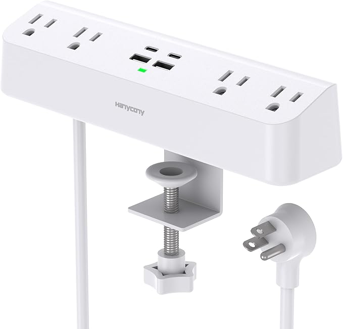 Desk Clamp Power Strip with PD30W USB-C, HANYCONY 5Ft Extension Cord, Desk Edge Mount Charging Station, Surge Protector with 4 Outlets 4 USB Ports(2 USB C), Home Office Accessories Essentials, White