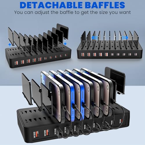 Charging Station for Multiple Devices, 100W 10 Ports Charging Dock with 10 Cables Smart IC Tech and Adjustable Dividers Type-C，Multi USB Charger for iPhone Galaxy iPad Tablet，Black