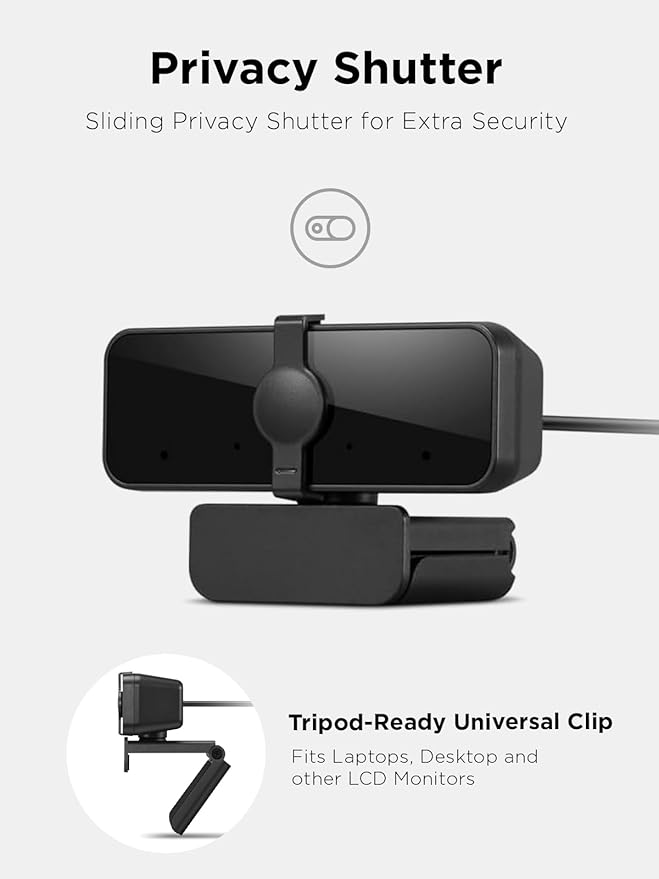 Lenovo 310 FHD Webcam, 1080p, FHD Resolution @30 FPS, Plug-and Play USB Connectivity, 1.8M Cable, 2 Integrated Microphones, External Privacy Shutter, Black