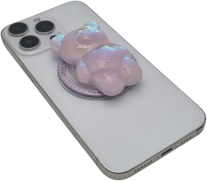Cute Kawaii 3D Bear Phone Grip Stand, Iridescent Holographic Resin Cell Phone Holder & Kickstand, Compatible with iPhone, Samsung Galaxy, Android (Lilac Opal)