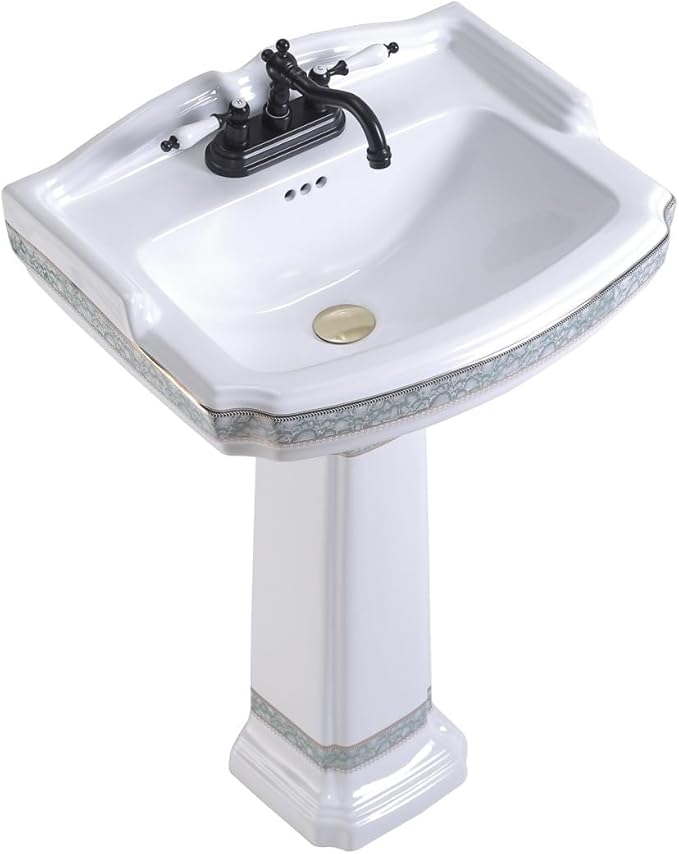 Renovators Supply Manufacturing 23" White Pedestal Bathroom Sink Heavy Duty Porcelain, Green and Gold Decorative Accents, 4" Centerset Faucet Holes, High Backsplash and Overflow