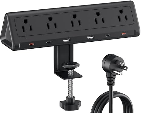 AnnTane Desk Clamp Power Strip USBC, 40W Fast Charging, 10 Ft, Black