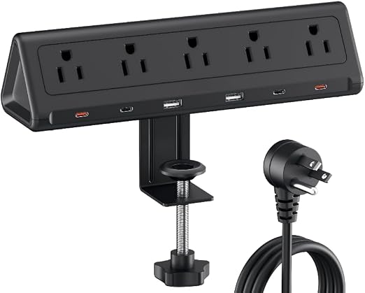 AnnTane Desk Clamp Power Strip USBC, 40W Fast Charging, 10 Ft, Black