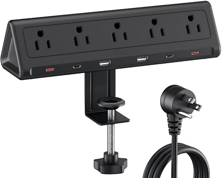 AnnTane Desk Clamp Power Strip USBC, 40W Fast Charging, 10 Ft, Black