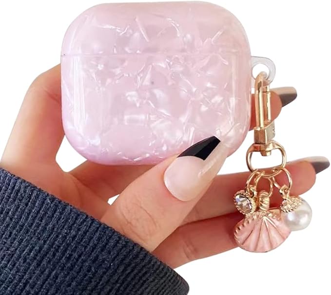 Compatible with Airpods 3rd Generation Case, PHOEACC Dream Luxury Airpod 3 Case Cute Protective Cover with Shell Pearl Keychain for Girls Teens Women (Pink)