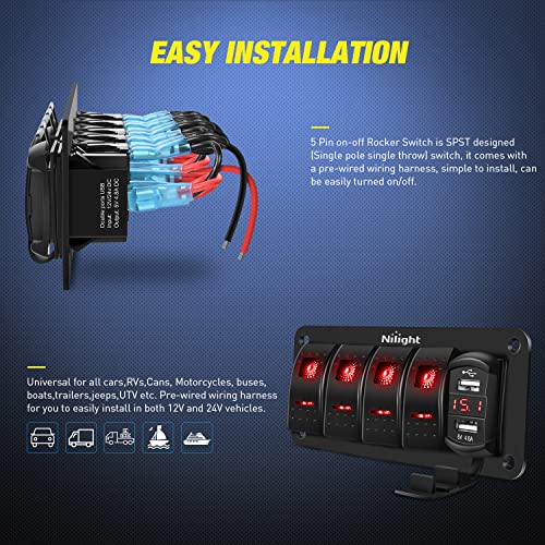 Nilight 4 Gang Rocker Switch Panel with Dual USB Socket Voltmeter