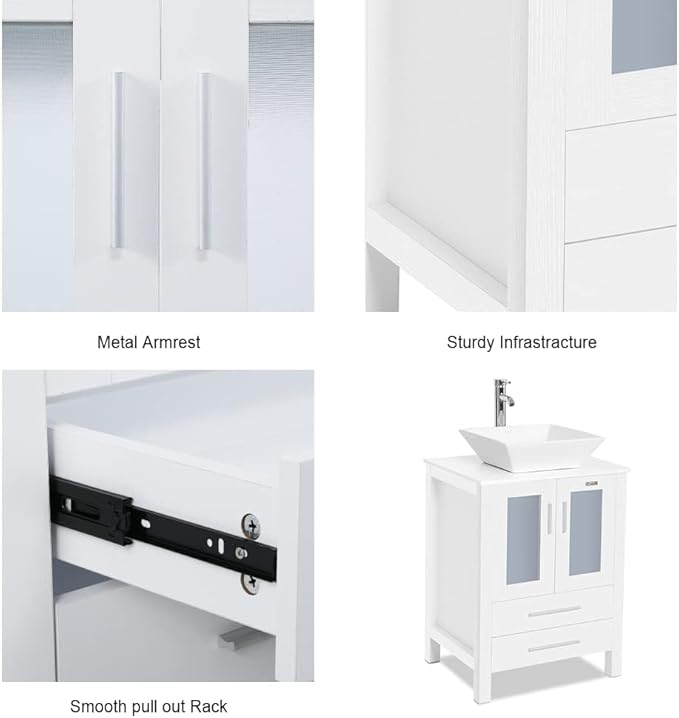eclife 36" Modern Bathroom Vanity Sink Combo Freestanding Cabinet with Small Side Cabinet, White Square Ceramic Vessel Sink, Water Save Faucet, Drain (White+A07)