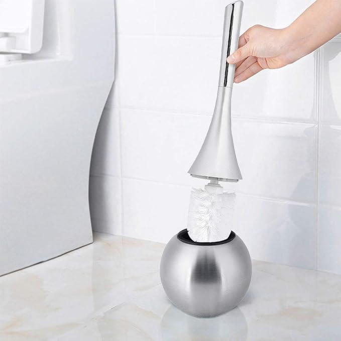 2-in-1 Toilet Brush and Holder Set, Stainless Steel Bathroom Cleaning Brush with Non Scratch Bristles 60° Deep Cleaning Design Versatile Scrubber for Toilet Tub Tiles (Silver)