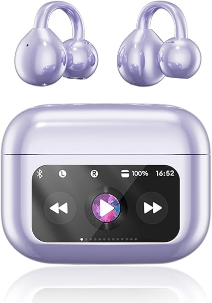 Clip On Ear Headphones, Open Ear Earbuds Wireless Bluetooth 5.4, Clip On Earbuds with LCD Touchscreen, Lightweight Comfort Open Ear Headphones for Pad Tablet Laptop Android/iOS Phones (Purple)