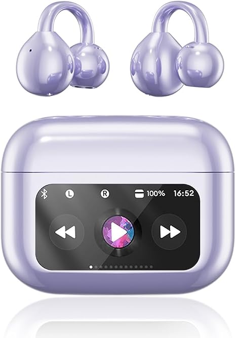 Clip On Ear Headphones, Open Ear Earbuds Wireless Bluetooth 5.4, Clip On Earbuds with LCD Touchscreen, Lightweight Comfort Open Ear Headphones for Pad Tablet Laptop Android/iOS Phones (Purple)