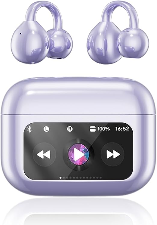 Clip On Ear Headphones, Open Ear Earbuds Wireless Bluetooth 5.4, Clip On Earbuds with LCD Touchscreen, Lightweight Comfort Open Ear Headphones for Pad Tablet Laptop Android/iOS Phones (Purple)