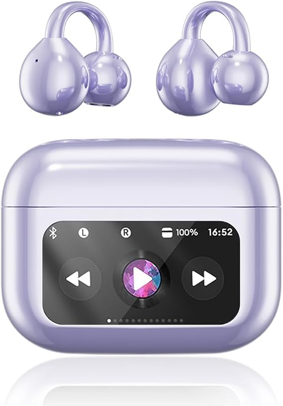 Clip On Ear Headphones, Open Ear Earbuds Wireless Bluetooth 5.4, Clip On Earbuds with LCD Touchscreen, Lightweight Comfort Open Ear Headphones for Pad Tablet Laptop Android/iOS Phones (Purple)
