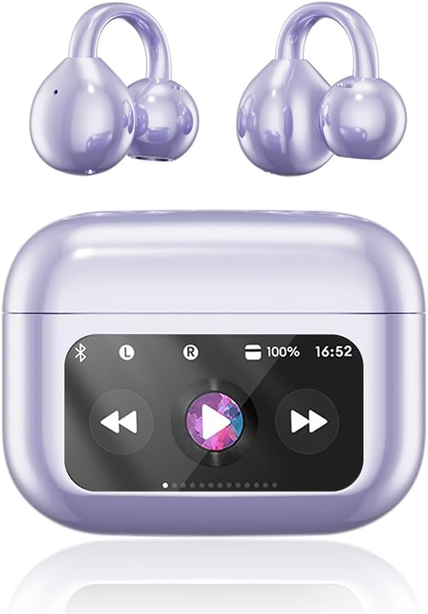 Clip On Ear Headphones, Open Ear Earbuds Wireless Bluetooth 5.4, Clip On Earbuds with LCD Touchscreen, Lightweight Comfort Open Ear Headphones for Pad Tablet Laptop Android/iOS Phones (Purple)
