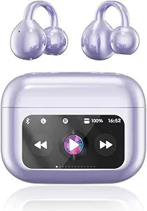Clip On Ear Headphones, Open Ear Earbuds Wireless Bluetooth 5.4, Clip On Earbuds with LCD Touchscreen, Lightweight Comfort Open Ear Headphones for Pad Tablet Laptop Android/iOS Phones (Purple)