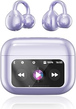 Clip On Ear Headphones, Open Ear Earbuds Wireless Bluetooth 5.4, Clip On Earbuds with LCD Touchscreen, Lightweight Comfort Open Ear Headphones for Pad Tablet Laptop Android/iOS Phones (Purple)
