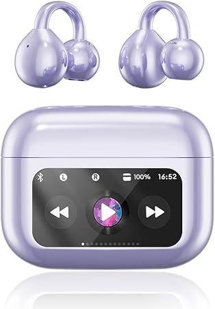 Clip On Ear Headphones, Open Ear Earbuds Wireless Bluetooth 5.4, Clip On Earbuds with LCD Touchscreen, Lightweight Comfort Open Ear Headphones for Pad Tablet Laptop Android/iOS Phones (Purple)