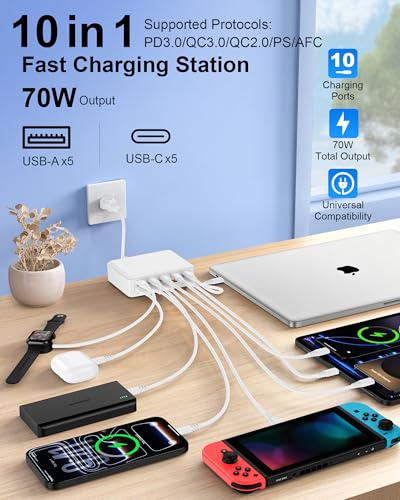 USB C Charger Station for Multiple Devices, 10-Port USBC Charging Hub