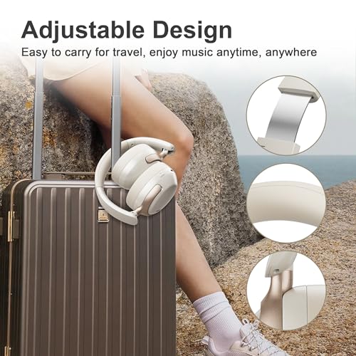 LORELEI Q30 Bluetooth Headphones Over Ear,60H Playtime & 3 EQ Music Modes,BT6.0 Headphones Wireless with Mic,Foldable Lightweight Headsets,HiFi Stereo Deep Bass for Home Travel iPad Tablet-Beige White
