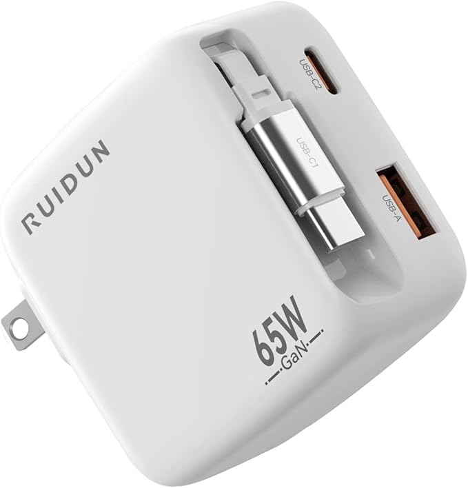 65W Retractable USB C Charger,3 in 1 Fast Charging Block with Foldable Plug,GaN Fast Charging Travel Charger for MacBook,iPad,iPhone 17/16/15,Galaxy
