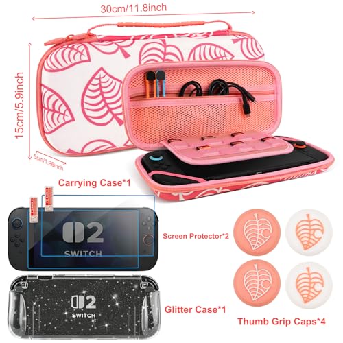 TIKOdirect Carrying Case for Switch 2, Shockproof Portable Travel Bag with Glitter Galaxy case, Screen Protectors and Cute Leaf Thumb Grips Caps, Pink Kit
