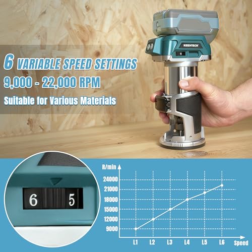 KEENTECH Brushless Cordless Compact Router, Fits Makita 18V Batteries, 6-Speed 1000W Fixed-Base Wood Router for Woodworking (Bare Tool, No Battery)