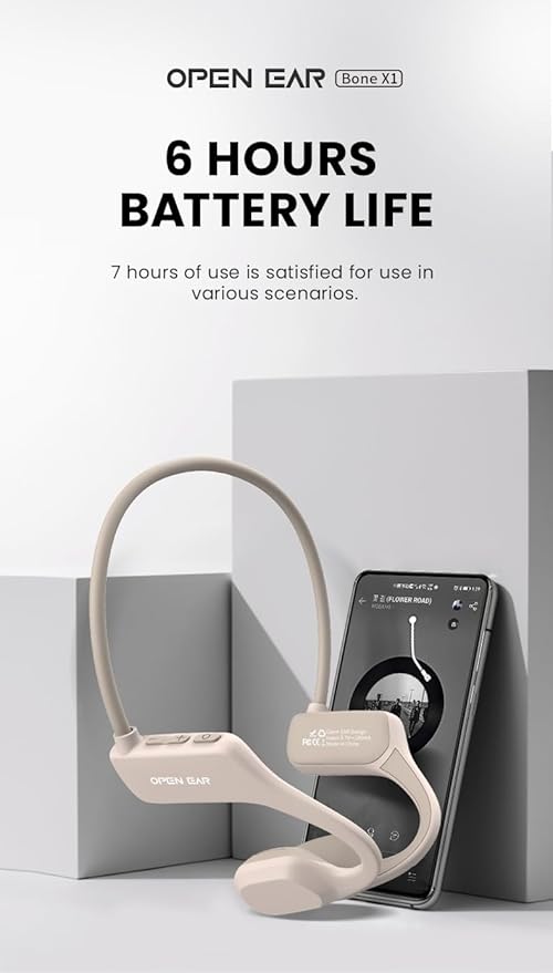 Bone Conduction Headphones, Open Ear Wireless Headphones with Microphone, Bluetooth 5.3, 6 Hours of Use Time, IPX5 and Sweat Resistant Sports Headphones for Outdoor, Workout, Cycling (Beige)