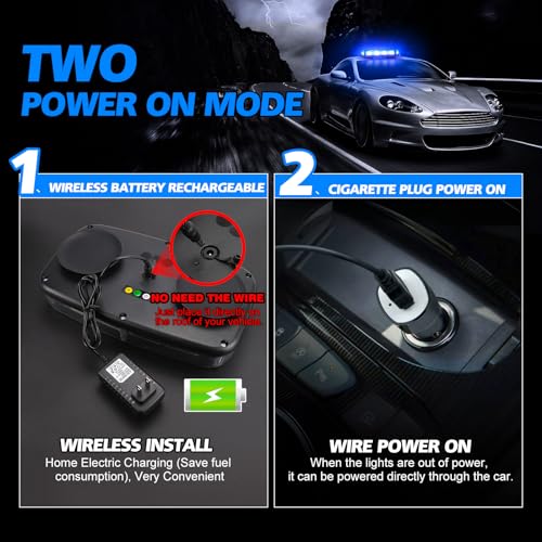 Rechargeable Strobe Light Blue Wireless Battery, 17 Flashing Mode, High Low Brightness, 48pcs Led, Beacon Roof Top Hazard Flash Warning Lights for Vehicles Trucks Snow Plow Postal Mail UTV, 1PC Pack