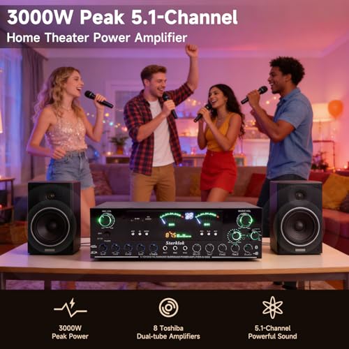 3000W Peak 5.1-Channel Home Audio Power Amplifier – HiFi Stereo Amplifier with Subwoofer, 3 Microphone Inputs, USB/SD Card Reader, Remote Control for Karaoke & Home Theater