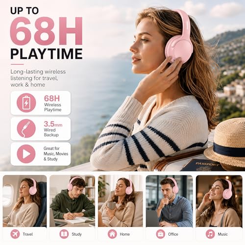 MIDOLA Bluetooth Headphones Over Ear 68H Playtime 6 EQ Wireless Headset with Microphone HiFi Stereo Foldable Lightweight Deep Bass for Travel Home Office Cellphone Pink