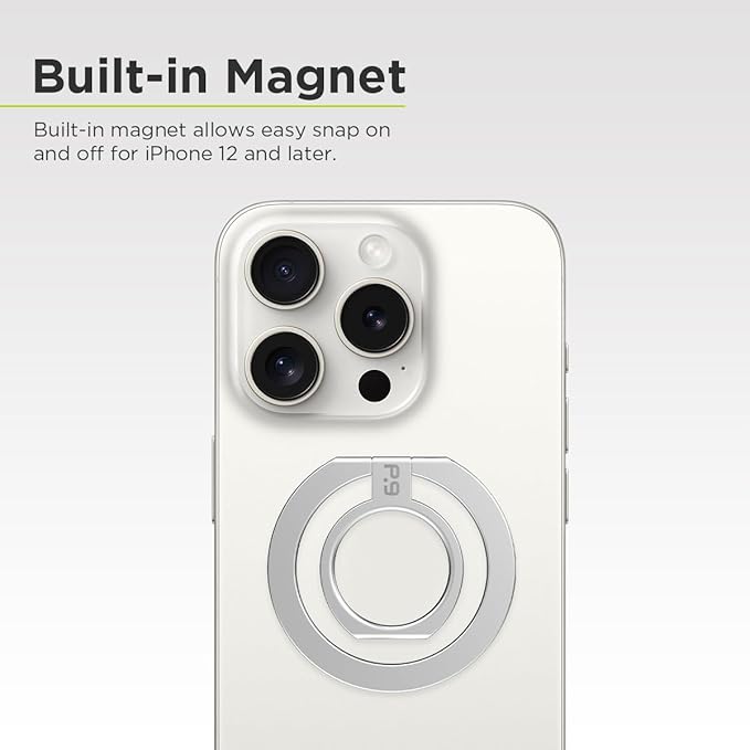 PureGear Magnetic Phone Grip Ring Stand, Magnetic Phone Ring Holder for MagSafe iPhone Air, 17, 17Pro, 17ProMax, 16, 16Pro, 16Plus, 16ProMax, 15, 15Plus,14,13,12, Adjustable Kickstand (Brushed Silver)