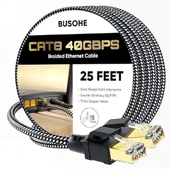 BUSOHE Cat 8 Ethernet Cable 25 FT, High Speed 40Gbps 2000Mhz Braided Network Internet Cable with Gold Plated RJ45 Connector, Heavy Duty LAN Cable S/FTP UV Resistant for Router/Gaming/PC, 15 Clips