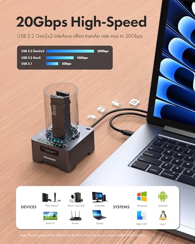 GRAUGEAR NVMe M.2 SSD Duplicator Dual-Bay Offline Clone Tool-Free, 20Gbps USB C to M.2 SSD Drive Cloner Docking Station Adapter Enclosure for M2 SSD Hard Drives M-Key