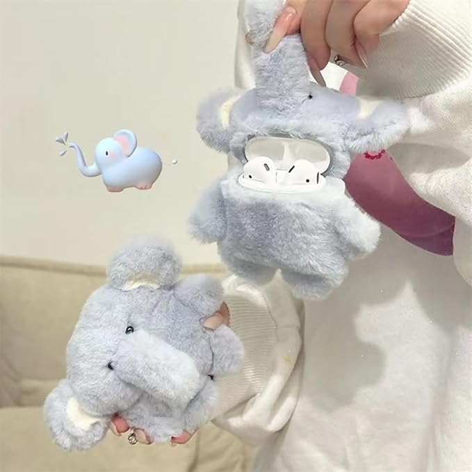 SGVAHY Furry Case for AirPods Pro 3rd Generation, Funny Cute 3D Cartoon Plush Design Blue Elephant Soft Warm Fluffy Cover for Airpods Pro 3 Keychain Anti-Fall Protective Case Women Girls