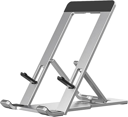 Portable Phone Stand for Desk, Aluminum Adjustable Cell Phone Holder, Foldable Travel Cellphone Dock Compatible with All Phones (A-Silver)
