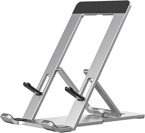 Portable Phone Stand for Desk, Aluminum Adjustable Cell Phone Holder, Foldable Travel Cellphone Dock Compatible with All Phones (A-Silver)