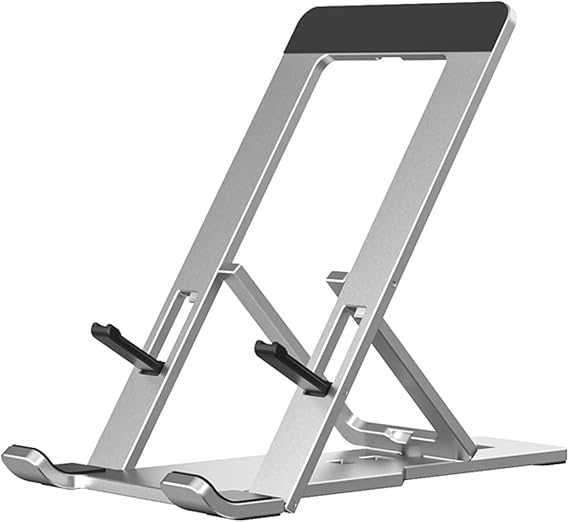 Portable Phone Stand for Desk, Aluminum Adjustable Cell Phone Holder, Foldable Travel Cellphone Dock Compatible with All Phones (A-Silver)