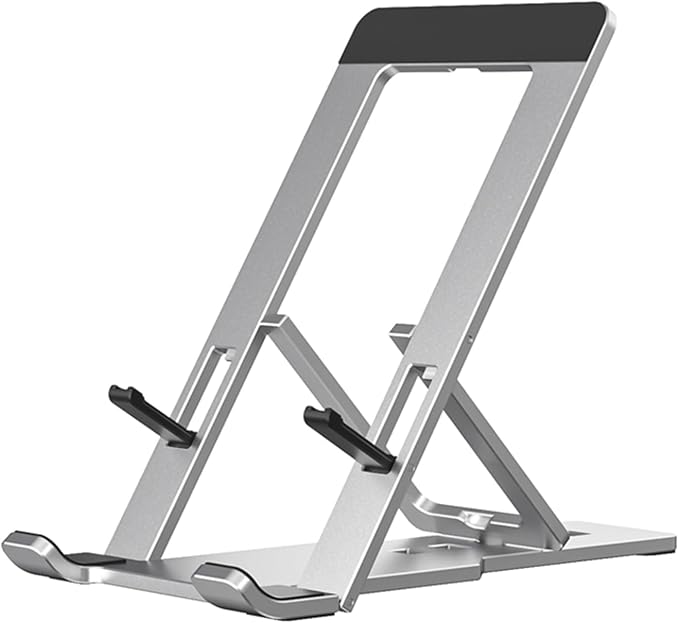 Portable Phone Stand for Desk, Aluminum Adjustable Cell Phone Holder, Foldable Travel Cellphone Dock Compatible with All Phones (A-Silver)