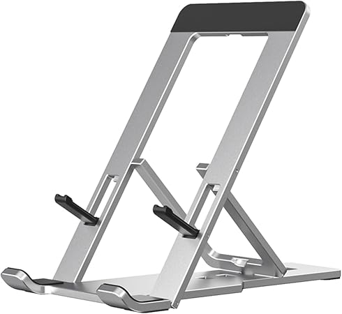 Portable Phone Stand for Desk, Aluminum Adjustable Cell Phone Holder, Foldable Travel Cellphone Dock Compatible with All Phones (A-Silver)