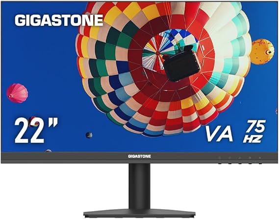 Gigastone 22 inch VA LED Back Light Monitor 75Hz FHD 1920 x 1080, 1080P 178° Wide View Frameless Computer Monitor 4ms, Eye Care Technology, Ergonomic Tilt VESA Mount, HDMI VGA